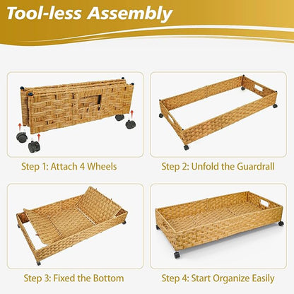 Under Bed Storage Containers with Wheels, 31.5in / 35L Handmade Rattan Underbed Organizer Drawer, Tool-free Assembly Rolling Under Bed Storage Bins for Shoes Clothes Toy Book