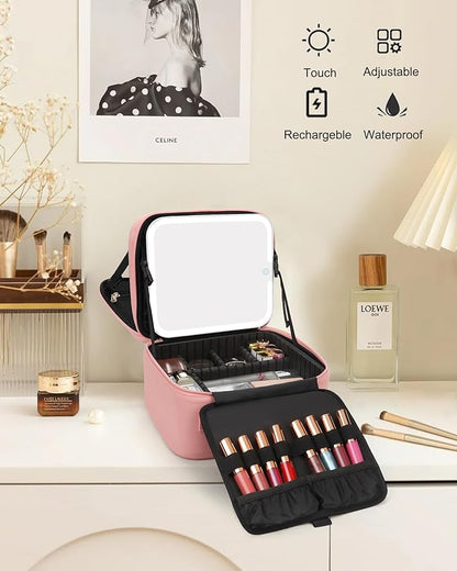 Relavel Makeup Bag with LED Mirror, Travel Makeup Case with Rechargeable Lighted Mirror 3 Color Lights, Dual Layer Cosmetic Box Makeup Brush Lipstick Holder Organizer for Women, Leather Pink