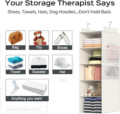 Extra Deep Hanging Closet Organizer with Shelves and Oversized Mesh Pockets, Heavy-Duty Structure, No Deformation, Max Storage for Clothes, Shoes, Hats, Dorms and RVs,1-Pack (White, 5 Tier)