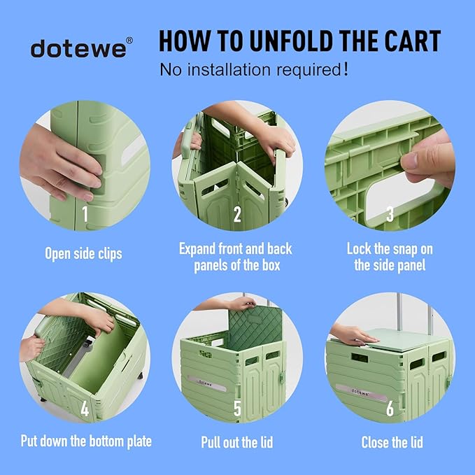 Folding Utility Cart Portable Rolling Crate Handcart Foldable Shopping Trolley Collapsible, with Lid, on Wheels, for Grocery, Garden, Office, Storage, Teacher, Tool (Green)