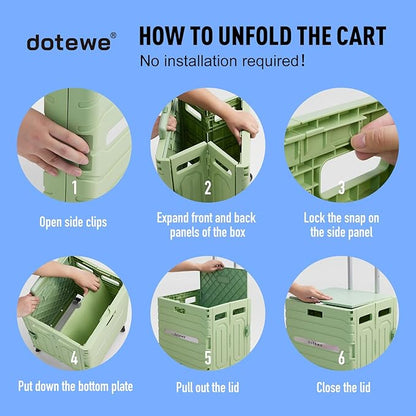 Folding Utility Cart Portable Rolling Crate Handcart Foldable Shopping Trolley Collapsible, with Lid, on Wheels, for Grocery, Garden, Office, Storage, Teacher, Tool (Green)