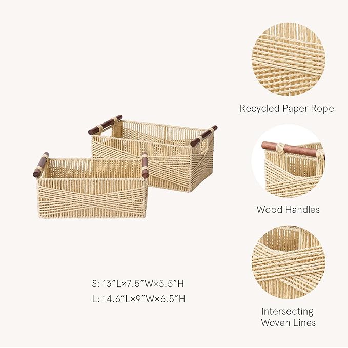 LA JOLIE MUSE Wicker Storage Baskets for Organizing, Recyclable Paper Rope Basket with Wood Handles, Decorative Hand Woven Basket Organizers for Makeup Books Shelves Living Room, Beige, Set of 2