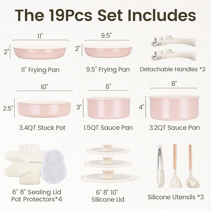 Chef Power Ceramic Nonstick Pots and Pans Set 19 Piece with Detachable Handle, Induction Dishwasher Oven Safe Cookware Set, RV Kitchen Set Removable Handle (Light Pink)