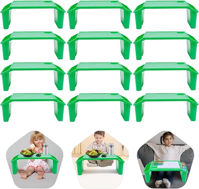 12 Pcs Kids Lap Desk Tray, 19.7×9.8×7.1In Portable Lap Bed Table with Side Pockets, Plastic Breakfast Laptop Trays, Laptop Desk Snack Tray for Family, School (Green)