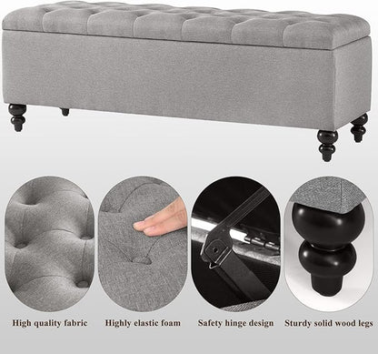 Storage Ottoman 50.2 Inches Upholstered Fabric Bench，Button Tufted for Living Room，Bedroom End of Bed Bench Withstands 303lbs (Grey)