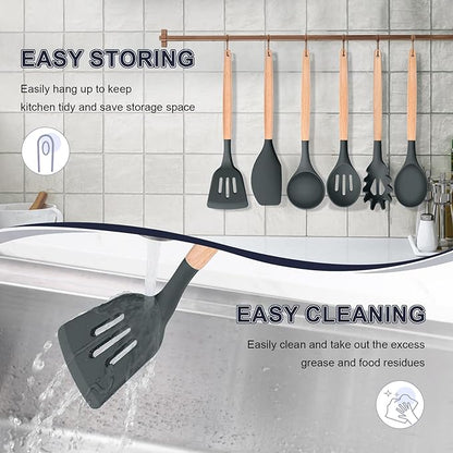 P&P CHEF Cooking Utensils Set, 6 PCS Kitchen Utensils with Wooden Handle, Silicone Spatula for Nonstick Cookware, Easy Clean & Non-toxic, Gray