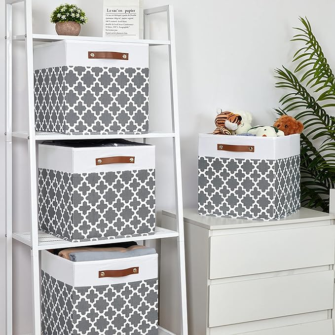 Temary Cube Storage Bins 13x13 Cubes Storage Bins for Shelf, 4 Pack Cube Storage Bins for Organizing Storage Basket with Handles(Grey Lattice)