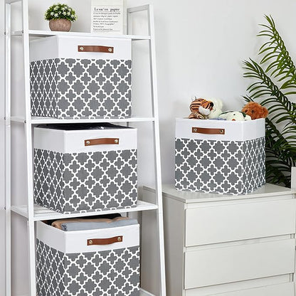 Temary Cube Storage Bins 13x13 Cubes Storage Bins for Shelf, 4 Pack Cube Storage Bins for Organizing Storage Basket with Handles(Grey Lattice)