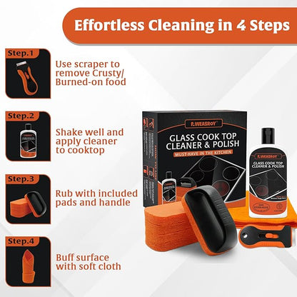 Glass Stove Top Cleaner Kit 12 oz, Cooktop Cleaner and Polish Non-Abrasive No Scratch Removes Tough Stains, with Scrubbing Pad, Handle, Scraper, Cloth