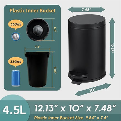 SunnyPoint 4.5 Liter(1.2 Gallon) Small Round Trash Can with Plastic Inner Bucket; Bathroom, Office, Kitchen and Bedroom Step On and Slow Close (BLK)