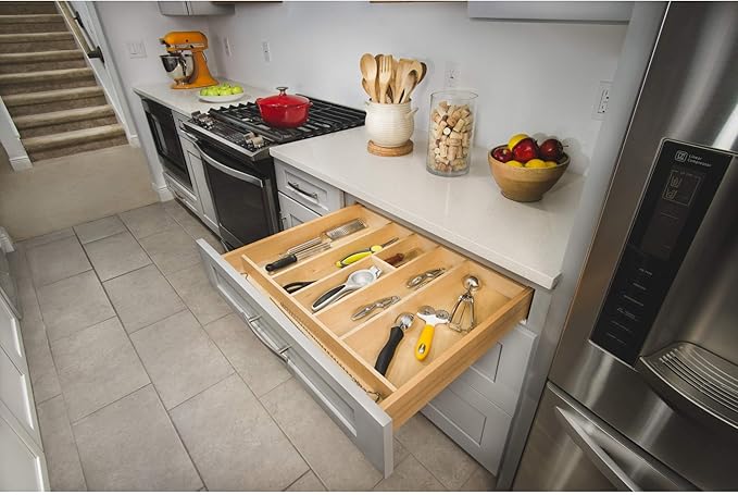 Rev-A-Shelf Trim-to-Fit Shallow Drawer Organizer for Kitchen Utensils, Cutlery Cabinet Storage Divider Insert, 23.98 x 21.97 in, Maple Wood, 4WUT-3SH