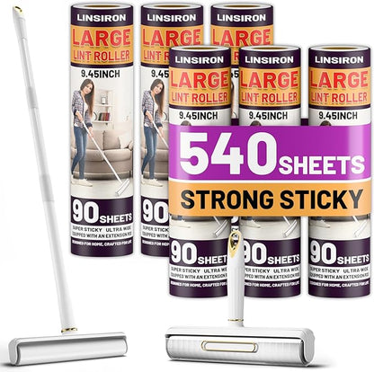 Large Lint Roller Pet Hair Remover 540 Adhesive Sheets Rollers 9.45 Extra Sticky Dog Cat Adjustable Handle 7.9-47.6 Inch, 6 Replaceable Rolls 90 Sheets Each, 3 Extension Rods for 4 Heights