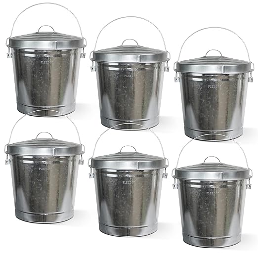 Plexon 10 Gallon Trash Can with Lid Galvanized Metal Bucket with Locking Lid for Poultry Feed Bird Seed Storage Ash Small Garbage Can, 6 Pack