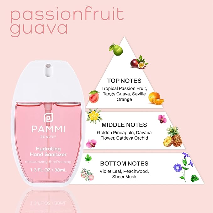 PAMMI Power Mist Hydrating Hand Sanitizer Spray, Portable Travel Size Pocket Hand Sanitizer, Scented Handsanitizer Mini Spray For Car - 600 Sprays (3 Packs (Mango, Guava. Lychee))