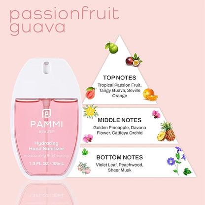 PAMMI Power Mist Hydrating Hand Sanitizer Spray, Portable Travel Size Pocket Hand Sanitizer, Scented Handsanitizer Mini Spray For Car - 600 Sprays (4 Packs (2 Rose and 2 Guava))