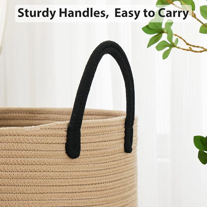 Fiona's magic 58L Large Woven Laundry Hamper, Tall Cotton Rope Laundry Basket, Boho Storage Basket for Blankets, Toys and Clothes Hamper for Bedroom and Living Room Organizing, Brown & Black