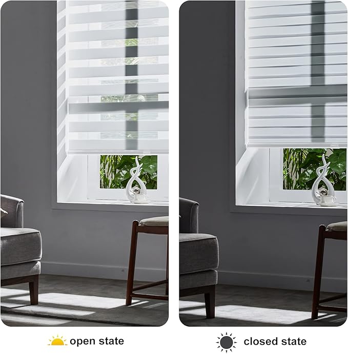 Persilux Zebra Blinds for Windows - Cordless, Room Darkening (52" W x 72" H, White) Light Control for Day and Night, Privacy Window Treatment