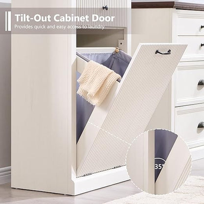Modern Tilt-Out Trash Can Cabinet, 10 Gallon Fluted Laundry Hamper Cabinet with Drawers, Wooden Hidden Garbage Can Cabinets with Storage Basket, Free Standing for Kitchen and Living Room, White