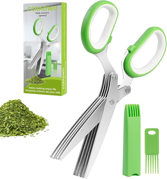 2025 Herb Scissors Set - Classic green 5-Blade Design with Cover and Comb - Skin-Friendly Handle for Comfortable Grip - Dishwasher Safe, Rust-Resistant Stainless Steel for Fresh Herbs