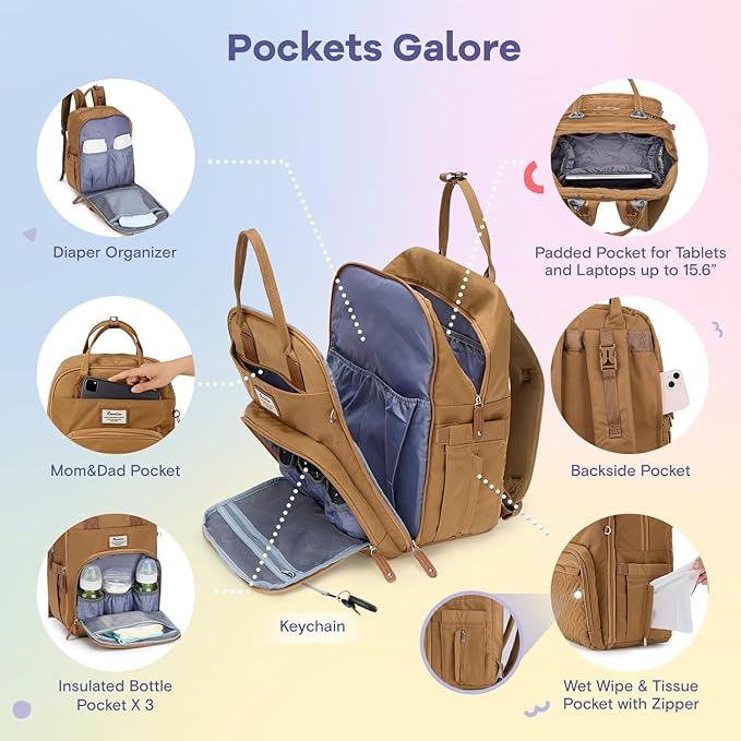 RUVALINO Diaper Bag Backpack, Multifunction Travel Pack Maternity Baby Changing Bags, Large Capacity, Waterproof, Golden Brown
