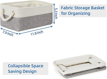 Temary Small Storage Baskets for Organizing 6Pcs Small Storage Bins, Decorative Collapsible Fabric Gift Baskets Empty for Home (White&Grey,11.8L x 7.9W x 5.3H inches)