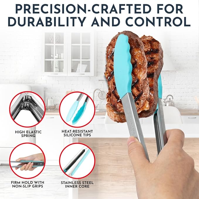 Kitchen Tongs for Cooking with Silicone Tips, Heat Resistant Tongs for Serving Food, 7-Inch, 9-Inch, 12-Inch Locking Silicone Tong, Set of 3 Salad Tong, Aqua Kitchen Utensils