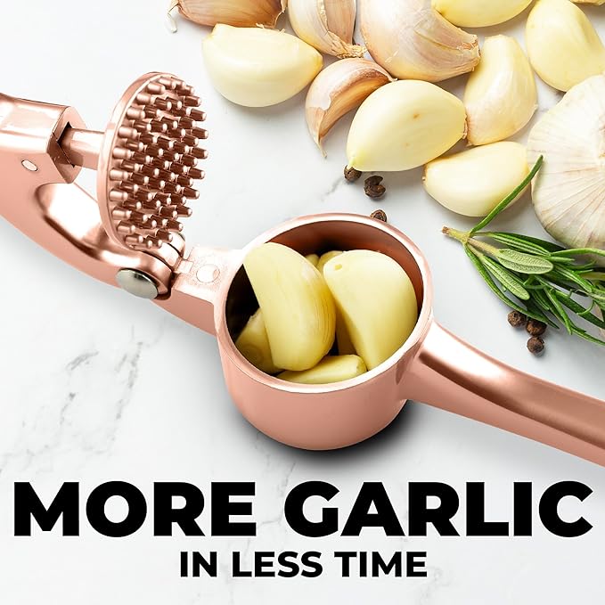 Zulay Kitchen Premium Garlic Press Set - Rust Proof & Dishwasher Safe Professional Garlic Mincer Tool - Easy-Squeeze, Easy-Clean with Soft Handle - Silicone Garlic Peeler & Brush (Rose Gold)
