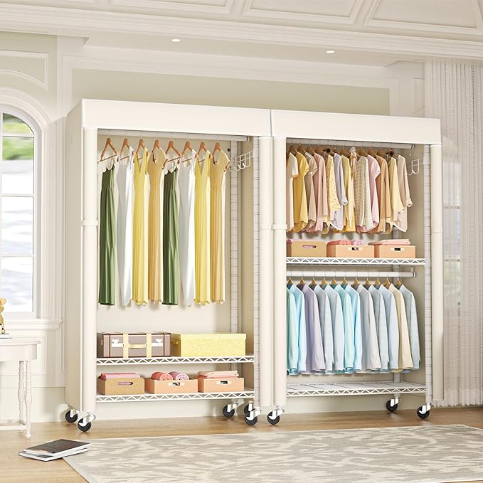 FUTASSI White Clothing Rack with Beige Cover, P1C Rolling Closets with Wheels, Metal Garment Rack for Hanging Clothes, Clothing Storage Wardrobe, 36.2" W x 16.5" D x 80.5" H, Load 450 Pounds