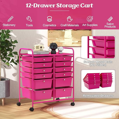 GOFLAME 12-Drawer Rolling Storage Cart, Multipurpose Organizer Cart with 2 Sizes Plastic Drawers, Mobile Utility Cart with Lockable Casters for School, Home Office, Beauty Salon, Hot Pink