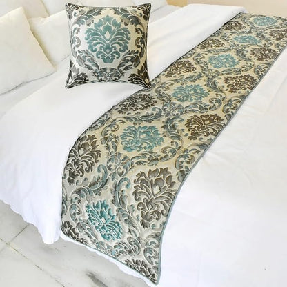 The HomeCentric King/Queen/Twin Blue Decorative CA King 86"x18" Bed Runner with 2 Pillow Cover, Damask Bed Scarf on Jacquard Fabric - Royal Elegance