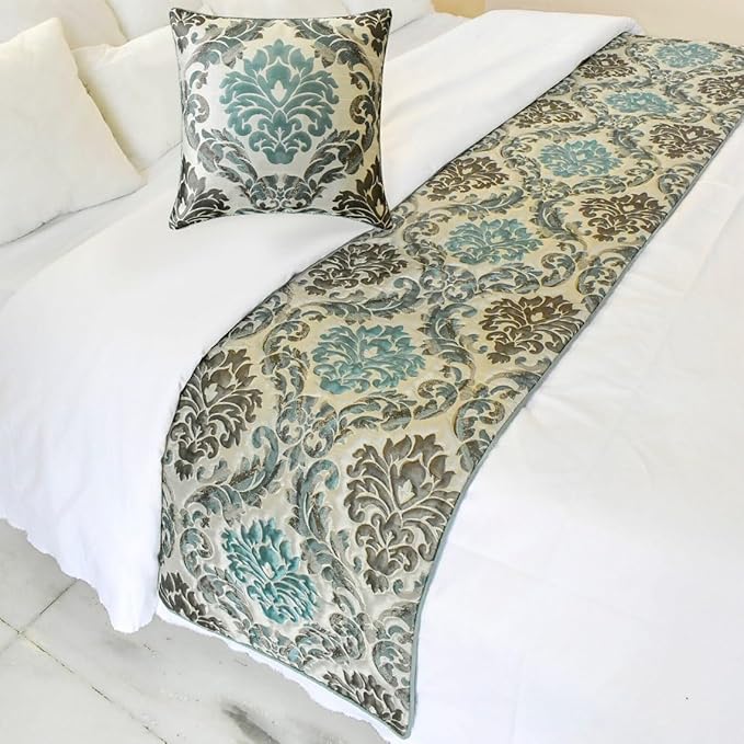 The HomeCentric King/Queen/Twin Blue Decorative Full 68"x18" Bed Runner with Pillow Cover, Damask Bed Scarf on Jacquard Fabric - Royal Elegance