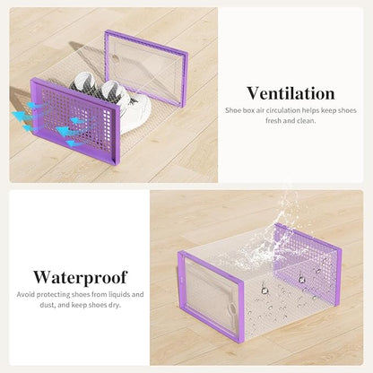 Kuject X-Large Shoe Storage Boxes Organizers Clear Plastic Stackable 12 Pack, Shoe Rack & Holder Substitute, Sneaker Containers, Toy Storage Organizer Bins for Entryway, Closet, Under Bed, Purple