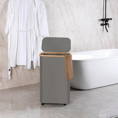 efluky Slim Laundry Basket with Wheels, Narrow Rolling Laundry Hamper with Lid and Removable Bag, Tall Aesthetic Dirty Clothes Hamper on Wheels for Laundry Room, Bedroom, Dorm and Bathroom, 75L Grey