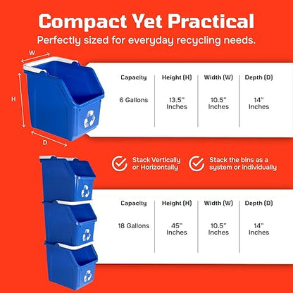6 Gallon Stackable Recycling Bins for Homes, Garages, Offices Made of 100% Recycled Plastic - (Blue, 3 Pack)