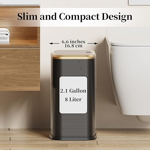 2.1 Gallon Bathroom Trash Can with Lid Press Top, 8 Liter Stainless Steel Garbage Can with Press Type Lid, Slim Trash Bin Waste Basket for Toilet, Office, Bedroom (Titanium Black)