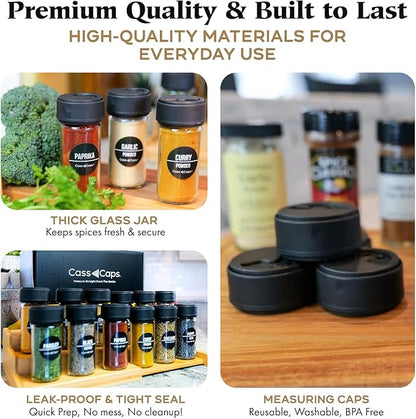 Spice Jars & Measuring Caps Set – Measure Straight from The Spice Jar! Faster Meal Prep, No Mess, No Clean Up. 12 Pack Holiday Special!