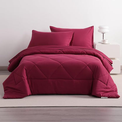 NTBAY Twin Comforter Set with Sheets, 5 Pieces Soft and Breathable Twin Bedding Set, Twin Bed in a Bag, Down Alternative Comforter Set Solid Color All Season, Kids Bedding Set, Wine Red