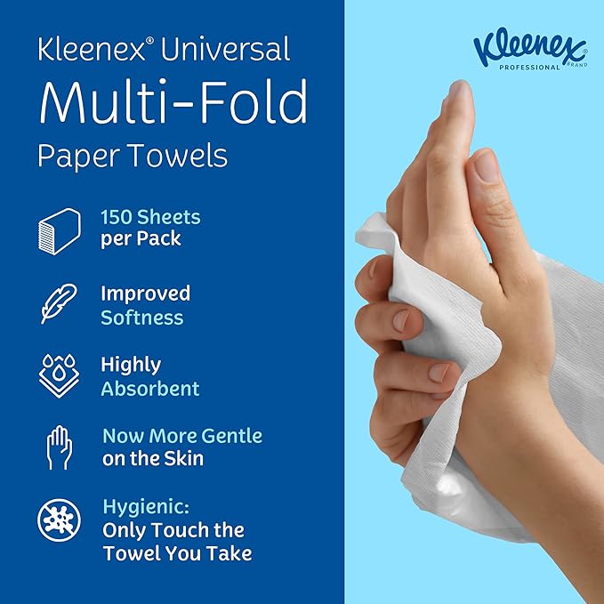 Kleenex Professional Universal Multifold Paper Towels, Bulk (01890), Absorbency Pockets, 9.2" x 9.4" Towel, White (150 Sheets/Pack, 16 Packs/Case, 2,400 Sheet Total)