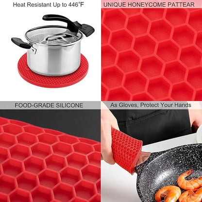 Silicone Trivets for Hot Pots and Pans, 4PCS Flexible Multipurpose Hot Pads Pot Holders, Heat Resistant Trivet Mats for Hot Dishes, Soft Non-Slip Silicone Mat for Kitchen Counter(Red)