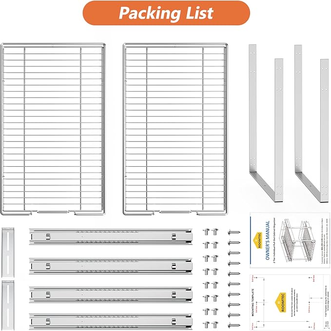 ROOMTEC Individual Pull Out Cabinet Organizer (11½" W x 21½" D), 2 Tier Spice Rack Organizer for Cabinet, Slide Out Drawer Pantry Shelf Organization and Storage for Kitchen Bathroom