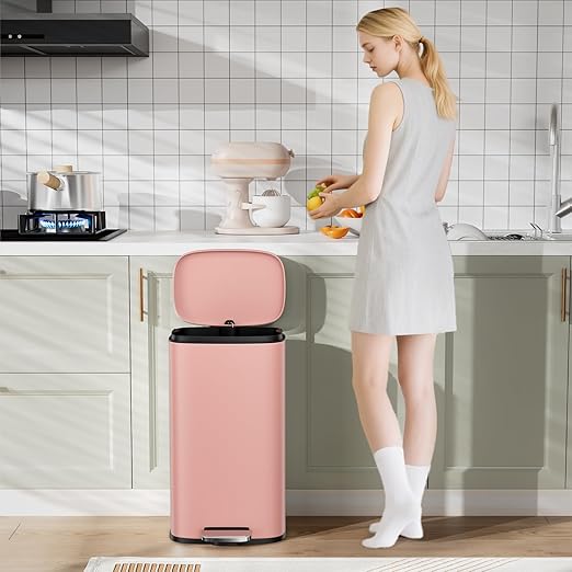 Arlopu 8/13.2 Gallon Step Trash Can, Stainless Steel Garbage Bin, Soft-Close Rubbish Bin with Removable Plastic Inner Bucket, Fingerprint-Proof, Lid Dustbin, Suit for Kitchen Home (Pink, 30L)