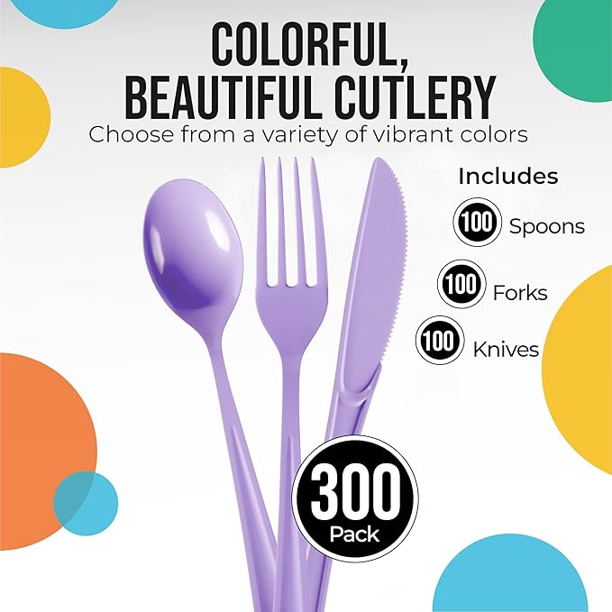 Party Solids Lavender Plastic Silverware Heavy Duty 300 Pieces Lavender Plastic Cutlery Sets, Utensil Sets, 100 Of Each Forks, Knives & Spoons Disposable Cutlery Set, Flatware Set For Party Supplies