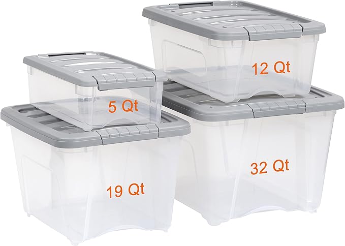 Amazon Basics Plastic Storage Containers with Secure Latching Lids, Stackable Organization Bins, Clear/Grey, 5 Quart, Set of 10