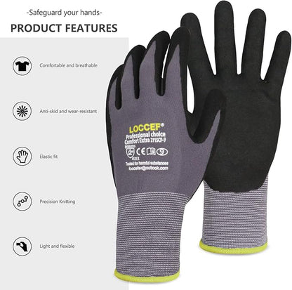 LOCCEF Work Gloves MicroFoam Nitrile Coated-6 Pairs,Seamless Knit Nylon Gloves,Gray Work gloves