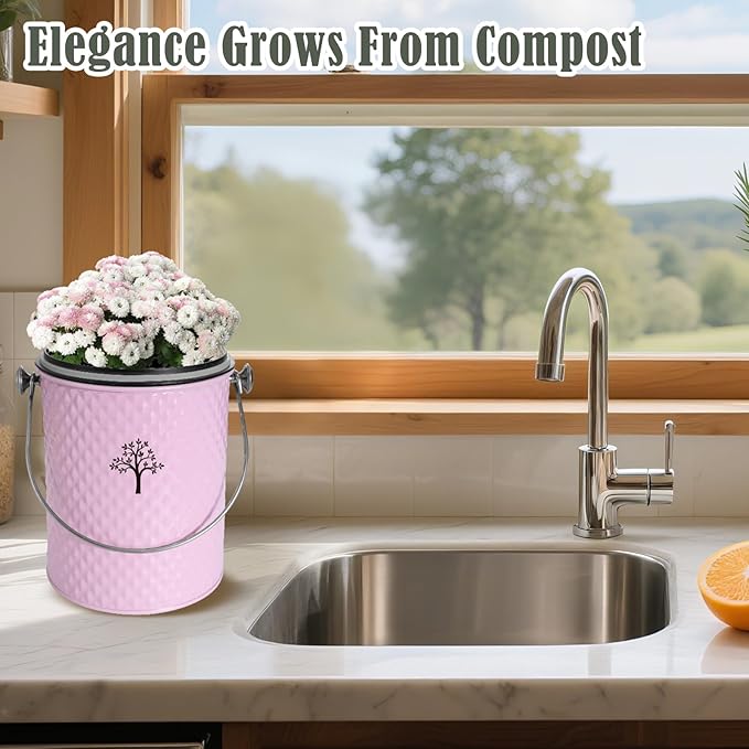 AOSION Countertop Compost Bin Kitchen，Odorless Indoor Compost Bin with Lid and Compost Bags,Compost Bucket Composter Container for Food Waste,Pink