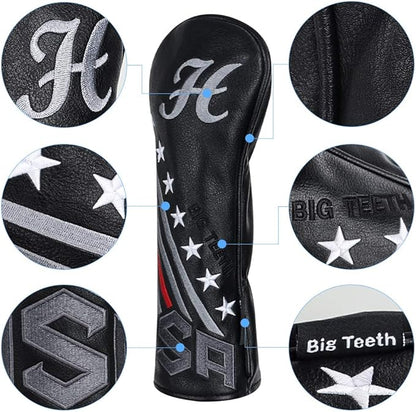 Big Teeth Golf Cover USA Stripe and Star Headcover Covers, Driver Fairway Wood Hybrid Headcovers Fits Blade Mallet Putter Iron and Woods with Magnetic Club Protector Pu Leather Golf Accessories