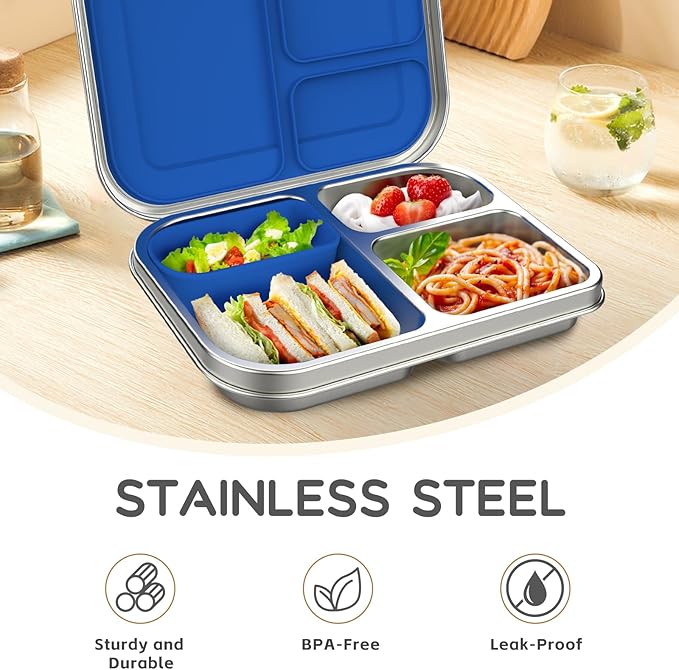 Stainless Steel Kids Leak-Resistant Bento Lunch Box, 3-Compartments with Silicone Container, Dishwasher-Safe, Child-Friendly Design for School, Picnics & Travel,BPA-Free (Blue)