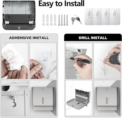 Paper Towel Dispenser Wall Mount Commercial & Home Use ABS Matte Silver Gray with Window Holds 200 C/Z/Multi-Fold Towels Includes Hardware & Key Bathroom Paper Towel Holder