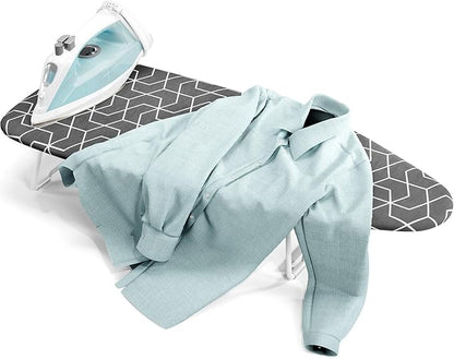 Small ironing board tabletop with heat resistant cover, Compact mini ironing board with metal mesh frame, For dorms, aprtment and travel, Hook for hanging, Iron board 30x12, Iron table stand dark gray