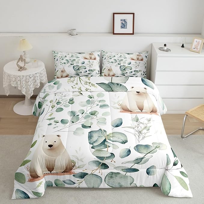 Erosebridal Boys Cartoon Animal Bedding Full Size for Kids Toddler Kawaii Polar Bear Comforter Set Full, Arctic Wildlife Duvet Insert White Green Quilt Comforter, Eucalyptus Bedding Comforters & Sets
